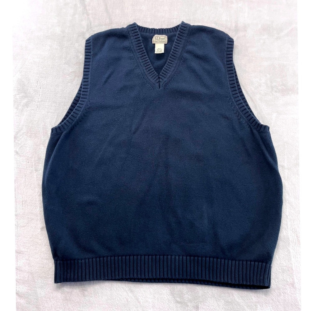 LL Bean Sweater Vest Men XXL Navy Blue V-Neck Heavy Knit 100% Cotton Office